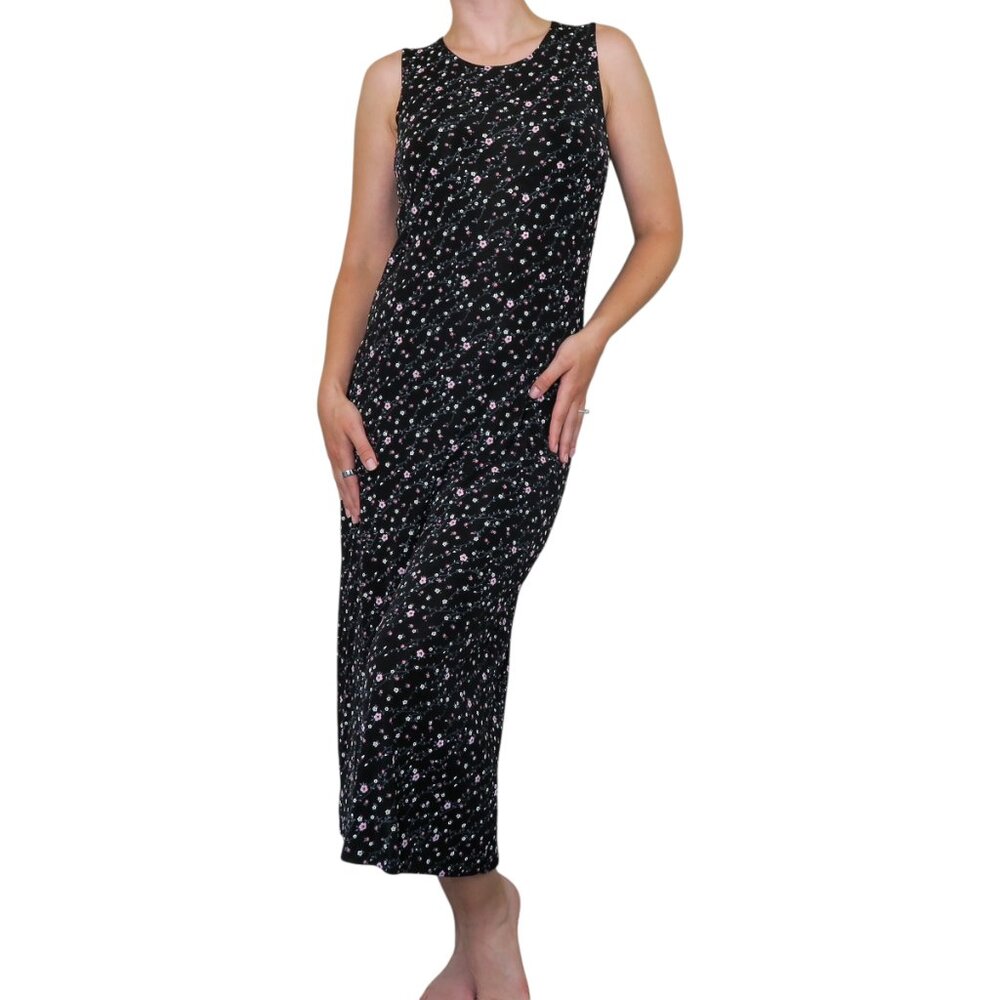 Vintage 90s Espressa Black & Pink Floral Maxi Dress